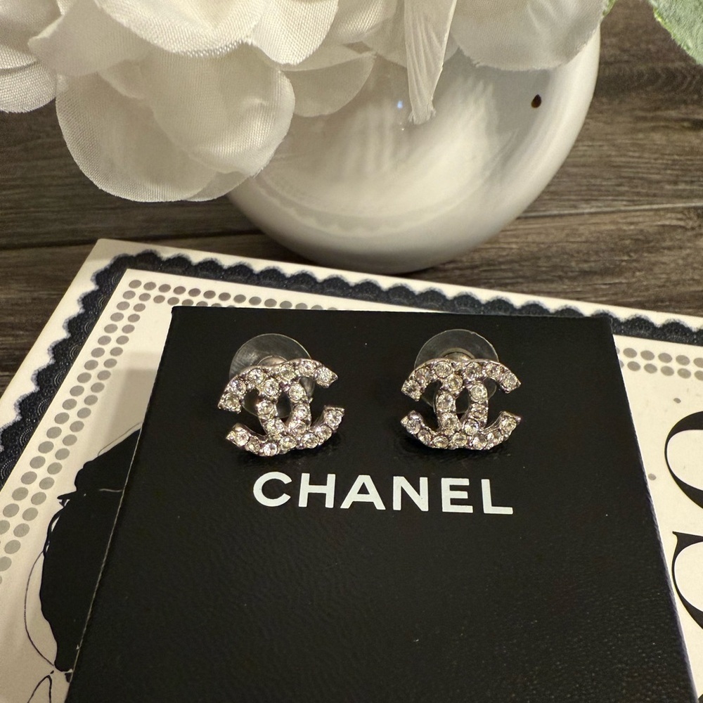 CHANEL Silver Crystal CC Stud Earrings - Picture 10 of 10